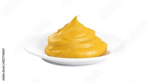 Yellow mustard served on a clean white plate with smooth texture isolated on transparent background. Generative AI