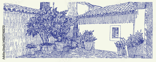 A blue and white drawing of a house with a window. The window is open. There is a tree in the background. vector illustration