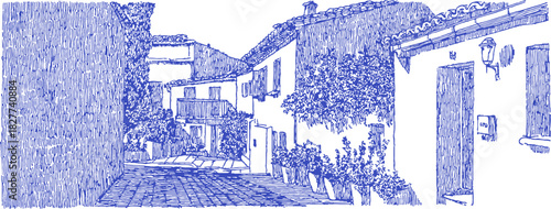 A blue and white drawing of a street with a house on the right. The house has a balcony and a window. vector illustration