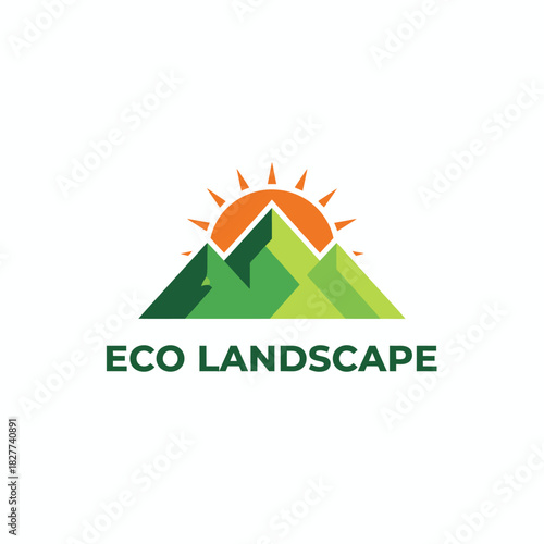 Abstract Green Mountain and Sun Logo for Eco Landscape