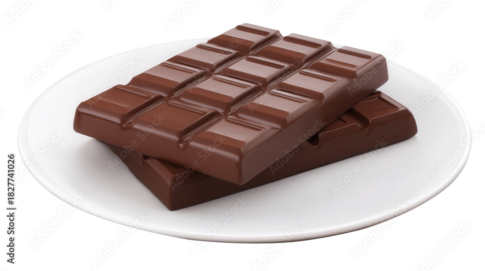Fototapeta premium Dark chocolate bar on a white plate isolated on transparent background. Generative AI