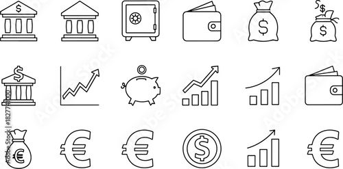 Collection of finance and money related icons including banks, wallets, piggy banks, charts, and currency symbols