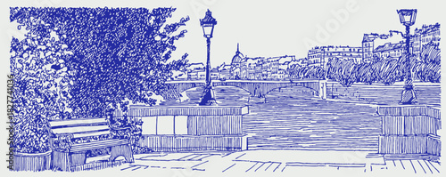 A blue and white drawing of a city street with a bench and a lamp post. The lamp post is on the left side of the street. vector illustration