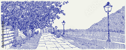A blue and white drawing of a path with a bench and a lamp post. The lamp post is on the right side of the path. vector illustration