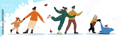 People ice skating, mother with daughter, young couple and child learning to skate with a seal aid. Festive winter activity and family leisure illustration