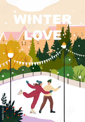 A young couple ice skating together on a winter rink in a city park with festive lights, garlands and snow falling, surrounded by trees and old town buildings. Romantic outdoor holiday season