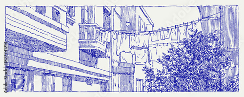 A blue and white drawing of a city street with a tree in the foreground. The drawing is in black and white. vector illustration