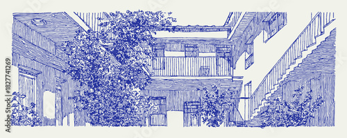 A blue and white drawing of a building with a tree in front of it. The drawing is in black and white and has a lot of detail. vector illustration