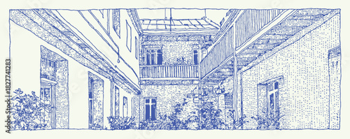 A blue and white drawing of a courtyard with a balcony. The balcony has a railing and a few potted plants. vector illustration