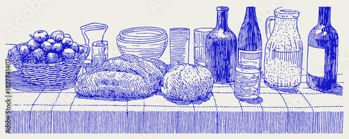 A blue and white drawing of a table with a variety of food and drink items. There are several bowls, a vase, a bottle. vector illustration