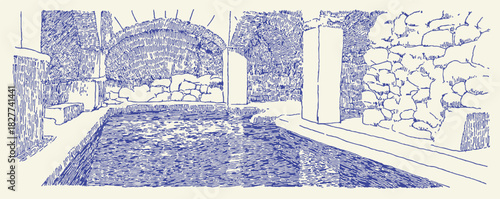 A blue and white drawing of a pool. The pool is surrounded by rocks and has a stone wall. vector illustration