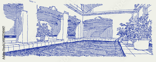 A blue and white drawing of a pool. The pool is surrounded by trees and has a bench. vector illustration