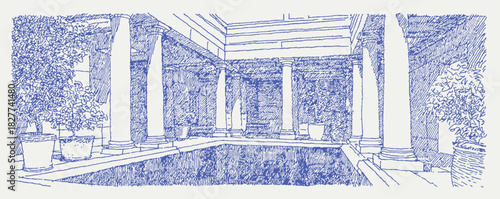 A blue and white drawing of a pool area with columns. There are several potted plants in the area. vector illustration