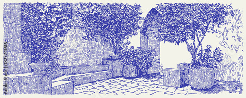 A blue and white drawing of a garden with a bench and a tree. The bench is in the foreground and the tree is in the background. vector illustration