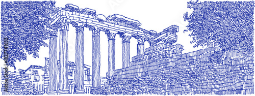 A blue drawing of a building with columns. The drawing is very detailed and has a lot of lines. vector illustration