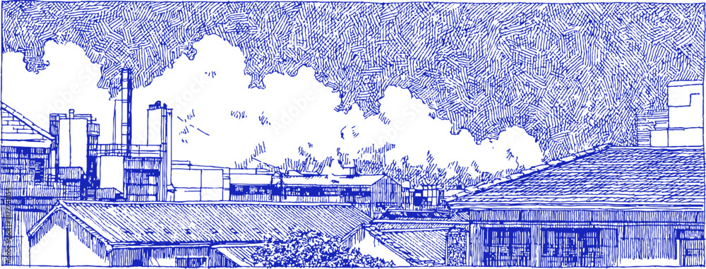 Obraz premium The image is a blue and white drawing of a cityscape with a train and a factory. vector illustration