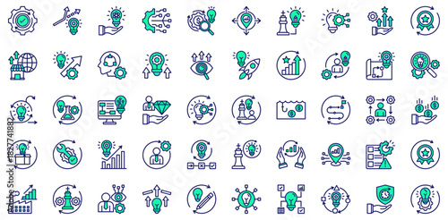 Business Reinvention icons collection. Vector illustration. Reinvention Cycle, Strategic Pivot, Innovation Lab, Digital Reinvention. Pro Vector