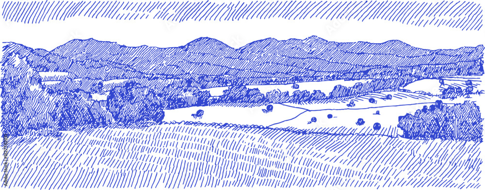 Naklejka premium A blue and white drawing of a field with trees and mountains in the background. The drawing is in blue and white. vector illustration