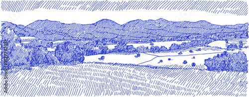 A blue and white drawing of a field with trees and mountains in the background. The drawing is in blue and white. vector illustration