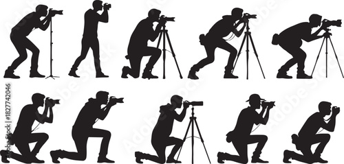 Silhouette of photographers in various poses with cameras and tripods