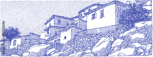 A blue and white drawing of a house with a stone wall. The house is on a hill and has a stone wall around it. vector illustration