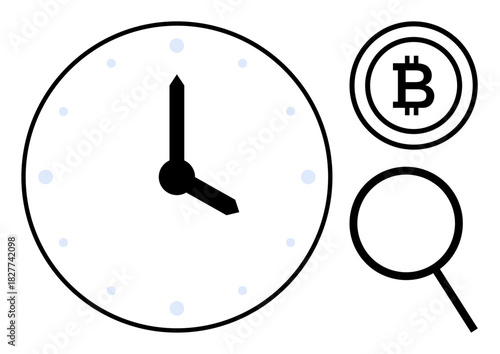 Clock indicating time alongside Bitcoin currency icon and magnifying glass to suggest blockchain analytics and trading insights. Ideal for finance, economics, investment, technology, research, time