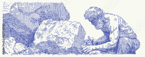 A man is carving a rock. The rock is large and is in the foreground. The man is kneeling down. vector illustration