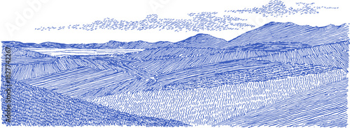 A blue and white drawing of a mountain range. The mountains are in the background and the hills are in the foreground. vector illustration