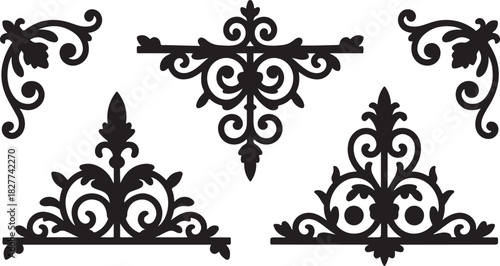 Black Ornate Decorative Corner Elements and Centerpiece on White Background scrollwork