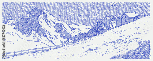 A blue and white drawing of a mountain range with a house in the distance. The mountains are covered in snow. vector illustration