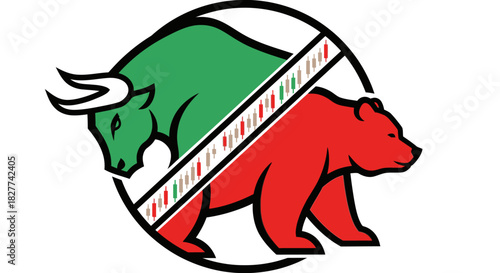 Bull and bear market icons with candlestick chart inside circle