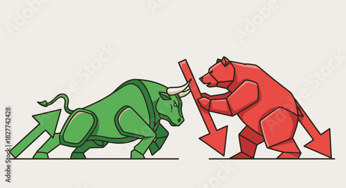 A green bull and a red bear symbolizing market trends, with arrows.