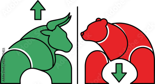 Illustration showing a green bull with an upward arrow and a red bear with a downward arrow, representing stock market trends.