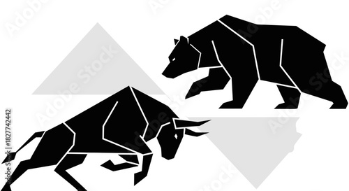 Illustration of a bull charging towards a bear, symbolizing market trends with geometric shapes in the background.