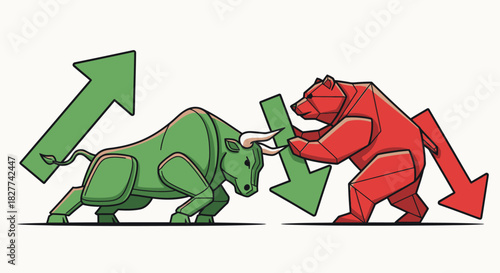 A green bull and a red bear, representing market trends, with arrows.