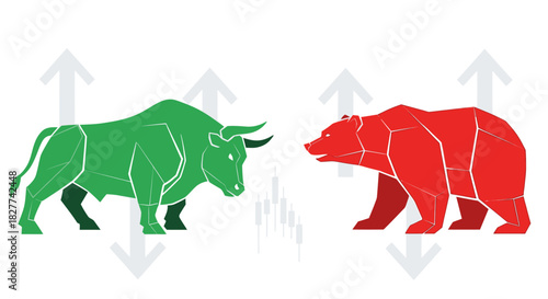 Illustration of a green bull and a red bear facing each other, with upward and downward arrows, representing market trends.