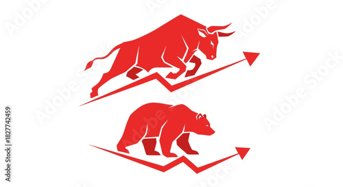 Red bull and bear symbols with upward and downward arrows representing financial market trends.