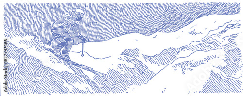 A man is skiing down a mountain. He is wearing a helmet. The mountain is covered in snow. vector illustration