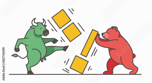 A green bull kicking yellow blocks while a red bear pushes against them.