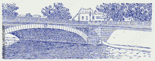 A bridge over a river with a house in the background. The bridge is blue and white. The house is in the background. vector illustration