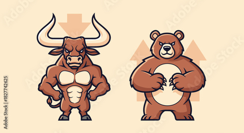 Cartoon illustration of a muscular bull with a downward arrow and a bear with an upward arrow, symbolizing market trends.