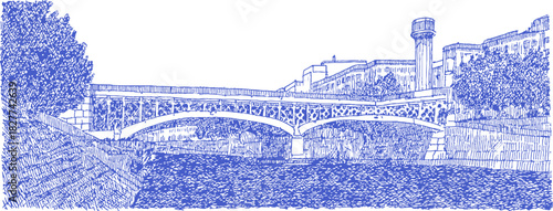 A blue and white drawing of a bridge over a river. The bridge is very long and has a lot of detail. vector illustration