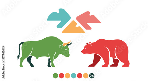 Illustration depicting a green bull and a red bear facing each other, with abstract arrow shapes above.