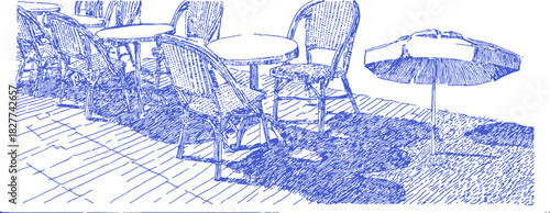 A blue and white drawing of a patio with a table and chairs. There are two umbrellas and a bench. vector illustration