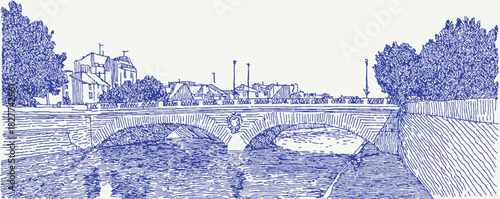A blue and white drawing of a bridge over a river. The bridge is in the middle of the image and is surrounded by trees. vector illustration