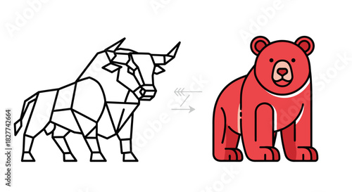 Geometric bull transforms into a red bear with an arrow indicating the change.