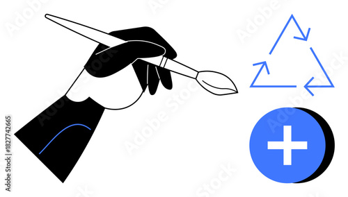 Creative design. A hand holding a paintbrush, recycling symbol, and addition icon sustainability, creativity, and innovation. Creative fields, eco-friendly design, education materials