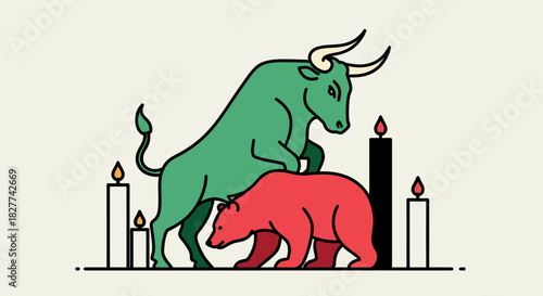 Illustration of a green bull dominating a red bear, surrounded by lit candles, symbolizing market dynamics.