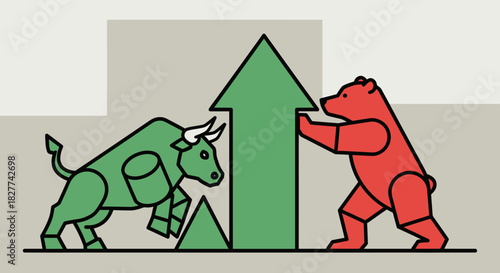 A green bull charges upwards while a red bear pushes down on a rising arrow.