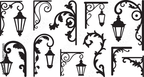Collage of black silhouette decorative brackets, lamp posts, and scrollwork designs on white
